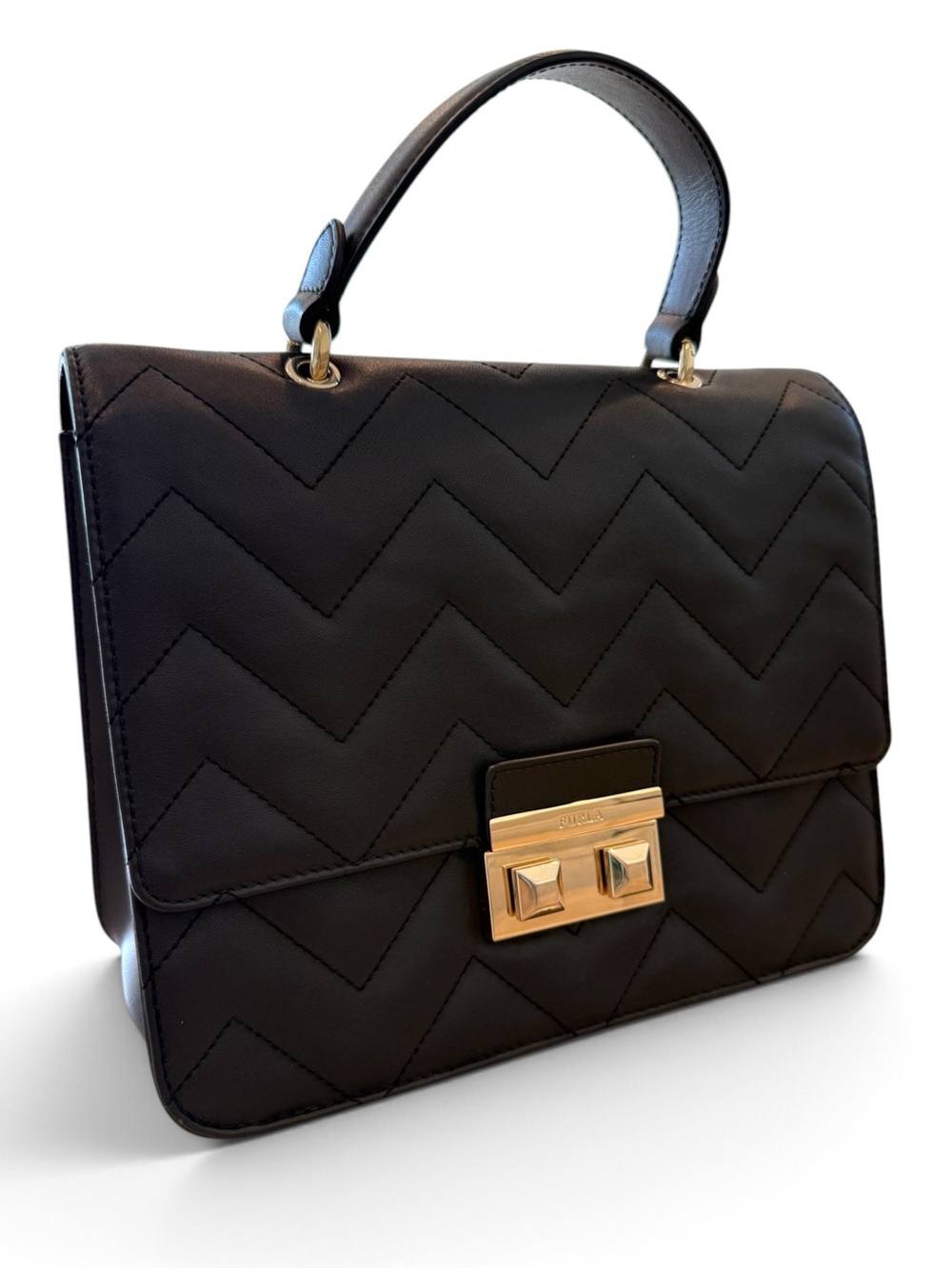 Furla Black Quilted Top-Handle Satchel with Gold Hardware